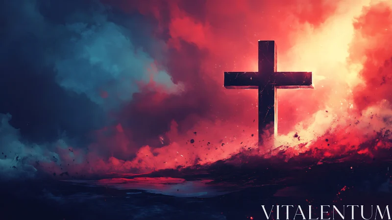 Luminous cross silhouette in turbulent crimson storm clouds.