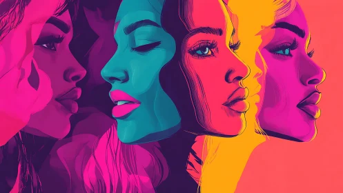 Multiple stylized female profiles are rendered in neon colors.