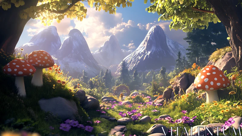 Mushroom meadow and mountains in warm digital sunlight.