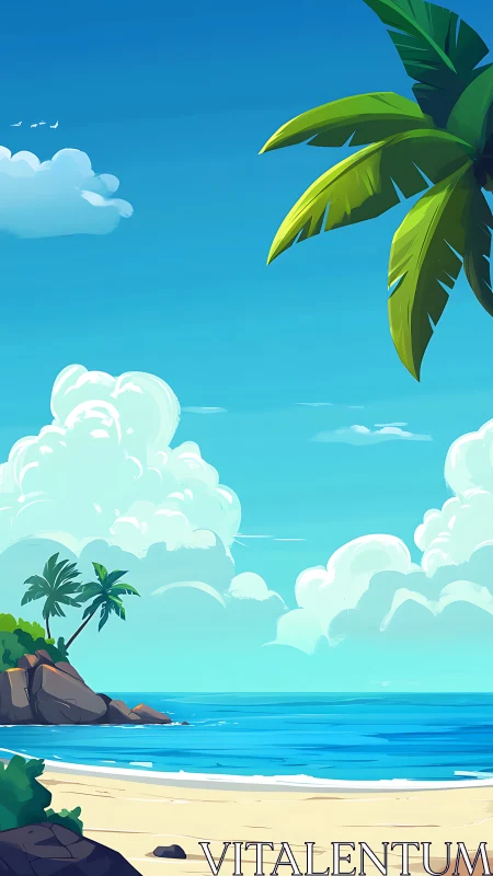 Tropical Shoreline Composition: Digital Illustration.