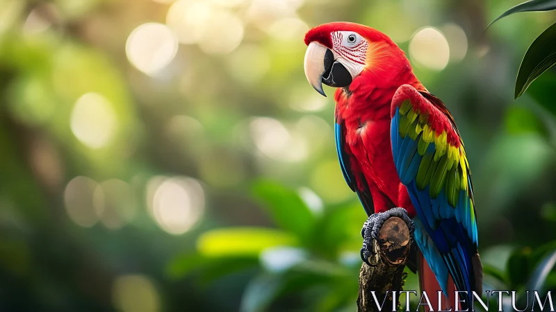 Vibrant Scarlet Macaw Perched in Lush Jungle, Photorealistic Style.