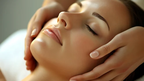 Serene Woman Receiving Relaxing Facial Massage in Soft Light.