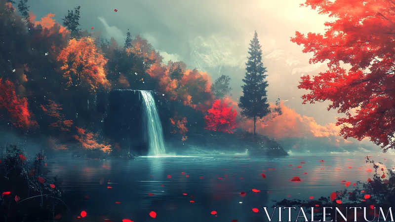Autumn forest waterfall rendered with atmospheric depth and specular water