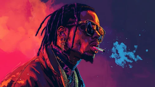 Neon-lit smoker drifts through electric sunset haze. Period.