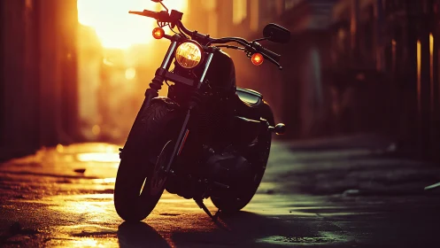 Custom motorcycle waits in a golden sunset alleyway glow