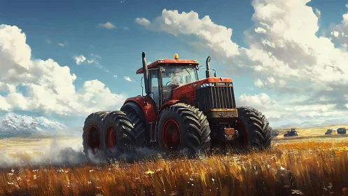 Red heavy tractor crossing open golden farm field under sky.