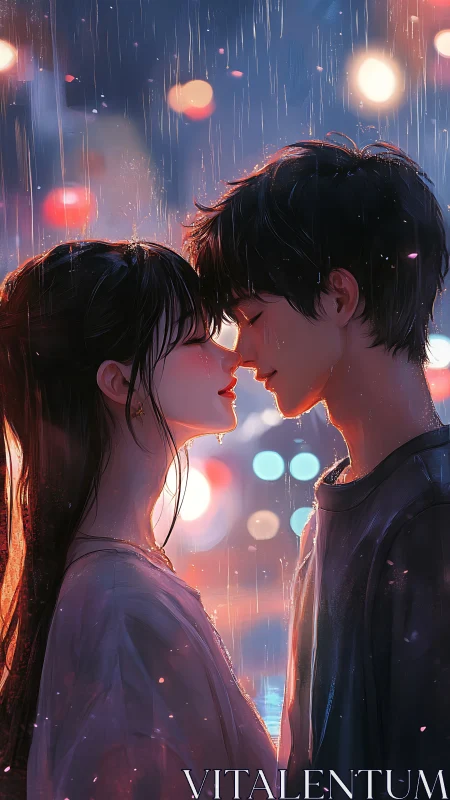 Rain-drenched citylight lovers pause with hearts almost touching