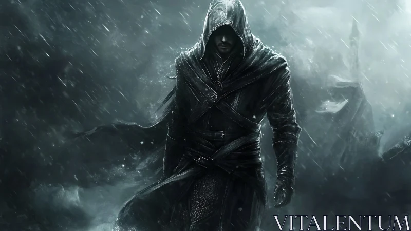 Storm‑shrouded rogue strides through midnight rainstorm.