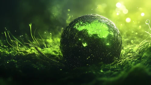Bioluminescent glass sphere in macro forest moss landscape