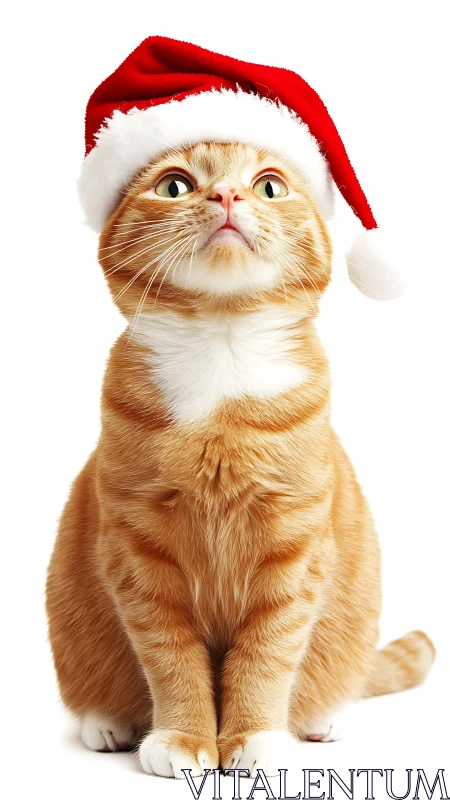 Ginger domestic cat wearing Santa hat on white background.