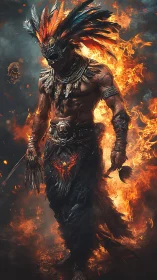 Fire-wreathed tribal warrior walking through glowing embers.