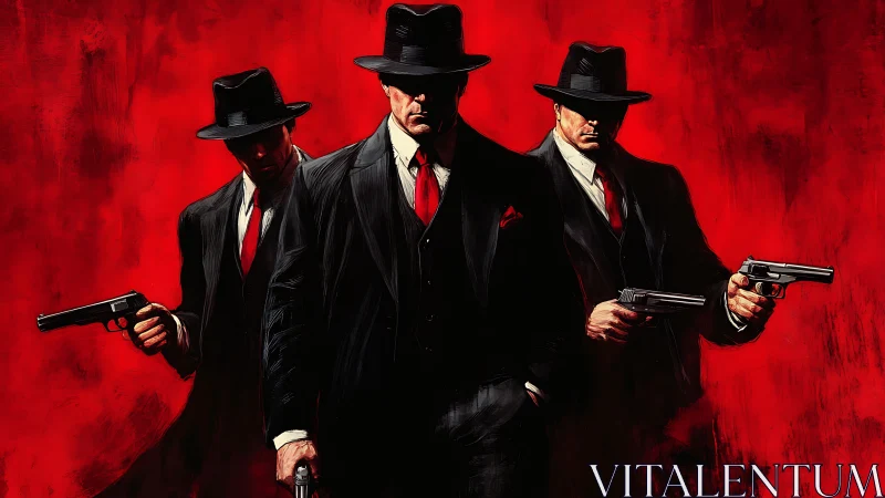 Three armed gangsters in suits against vivid red backdrop.