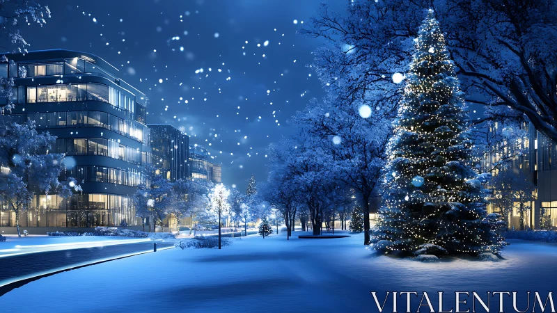 Photorealistic winter plaza with illuminated urban Christmas tree.