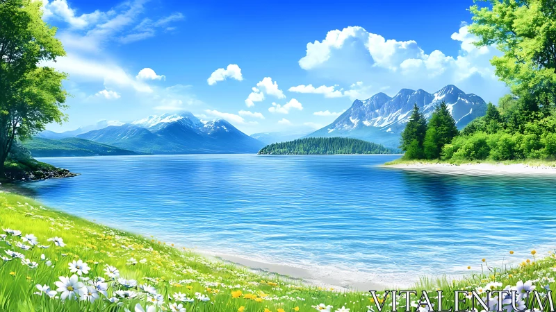 Mountain lake under clear sky with vivid spring shoreline.