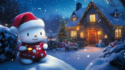 Cozy holiday cottage with cute snow friend in lantern glow.