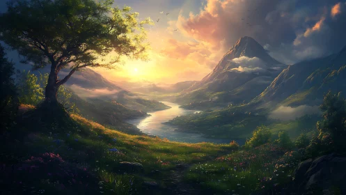 Luminous alpine valley at sunrise with atmospheric depth rendering.