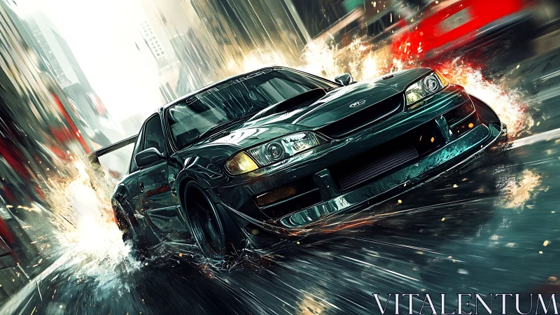 Streetlit turbo phantom carves fire trails through wet city