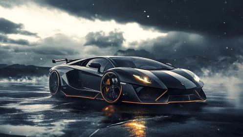 Low-angle view shows black sports car on wet reflective surface