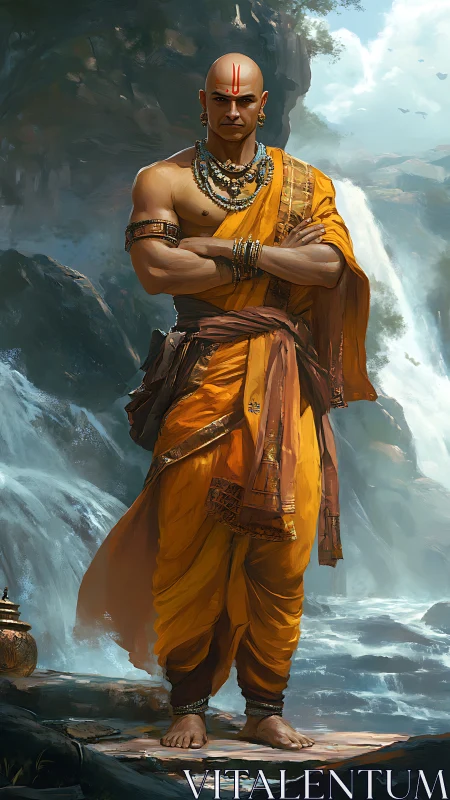 Stoic monk in saffron robes before thunderous waterfalls.
