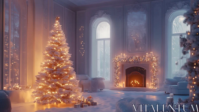 Snowy indoor Christmas tree near lit fireplace at night.