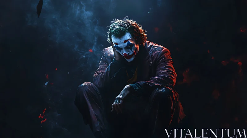 Brooding clown in smoky neon gloom contemplates chaos alone.