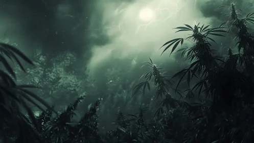 Moonlit dense foliage with silhouetted tall plants at night.