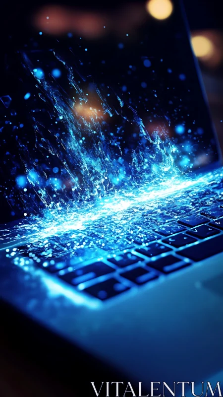 Cybernetic data stream erupting from illuminated laptop keyboard.