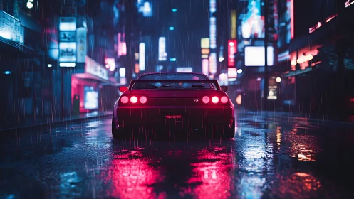 Cyberpunk rear-street sports car in neon-soaked nocturnal rain.