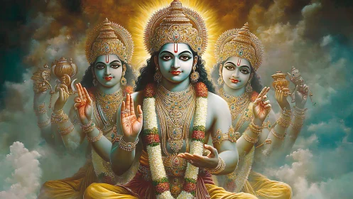 Central multi-armed deity figure flanked by mirrored forms