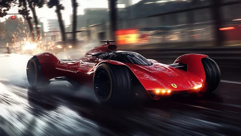 Futuristic red hypercar slices through neon-soaked wet avenue