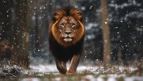 Lion strides through winter forest under falling snow.