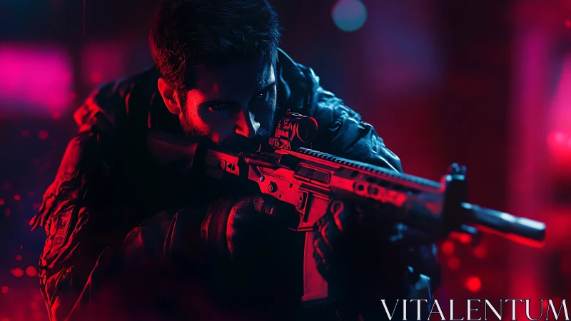 Tactical soldier aims rifle under neon red blue lighting
