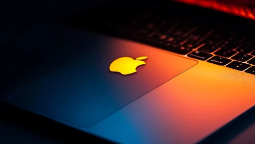 Neon-glow laptop lid bathing sleek metal in digital dusk.