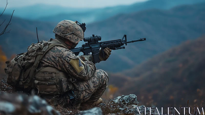 Camouflaged infantry rifleman aiming downrange in mountain valley