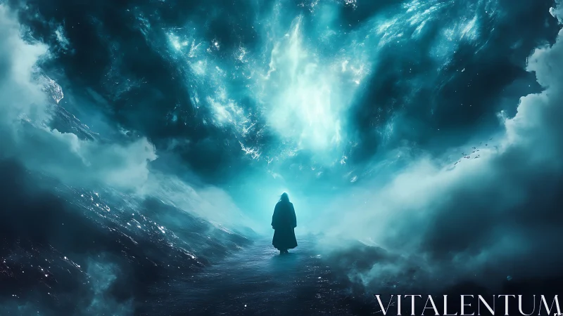 Lone wanderer strides beneath a storm-torn celestial sea.