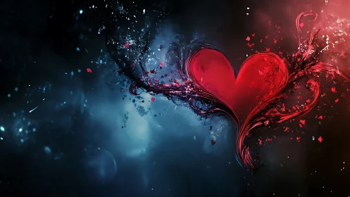 Red heart with dynamic particle dispersion on dark blue background