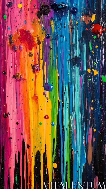Bold rainbow paint rivers stream down a dark playful canvas