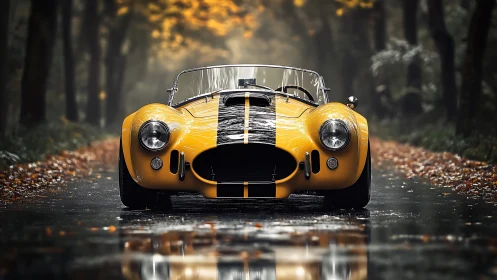 Yellow classic roadster on wet forest road in autumn rain.