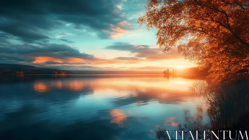 Golden lakeside sunset wrapped in glowing autumn color.