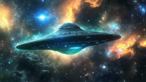 Futuristic UFO starship gliding through colorful nebulae.