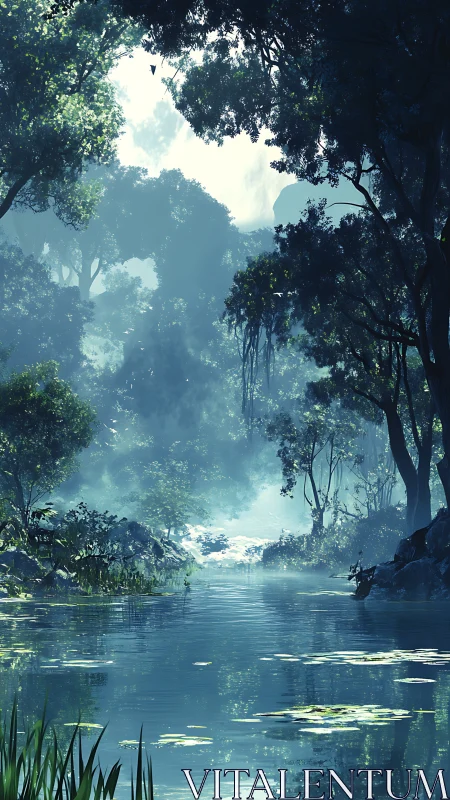 Luminous River Canyon: Atmospheric Digital Landscape.