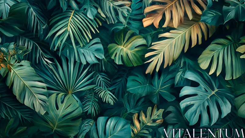 Dense composition of overlapping stylized tropical foliage