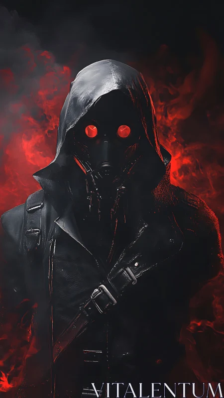 Hooded gas-mask figure stands before dense red smoke field