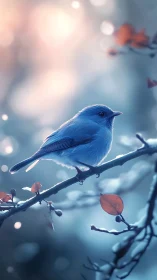 Azure songbird perches amid frost-kissed branches in winter's glow.