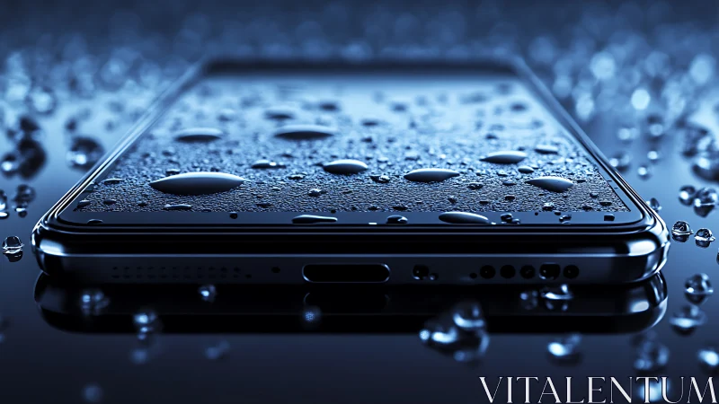 Water‑resistant smartphone with macro droplets on glass surface