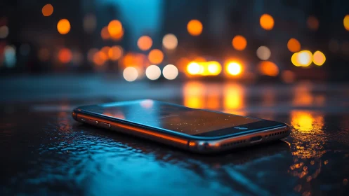 Smartphone rests on wet street under neon city bokeh glow.
