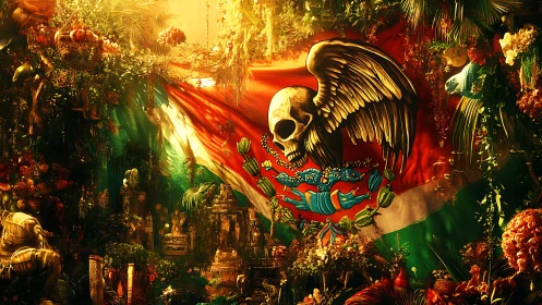 Winged skull emblem on tricolor flag amid dense foliage.