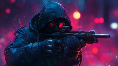 Hooded gunner aims rifle under neon city rain at night