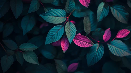 Neon teal and magenta leaves under moody low light.
