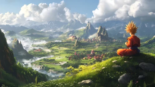 Spiky haired figure overlooking wide valley landscape.